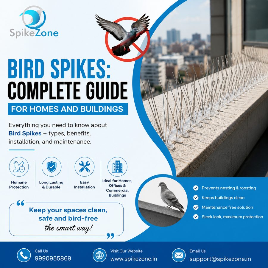 Stainless steel bird spikes fitted along a high-rise window ledge