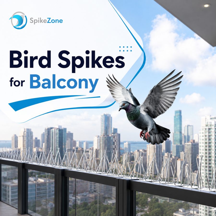 Bird spikes fitted along a balcony railing, with a pigeon turning away