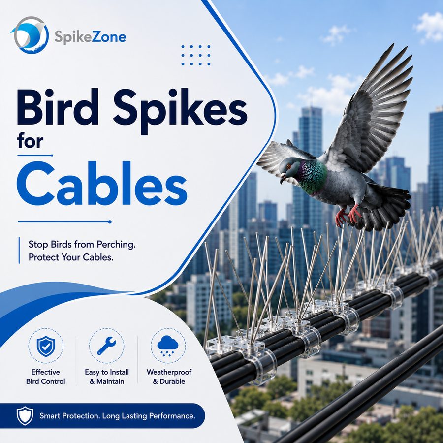 Bird spikes fitted above overhead cables