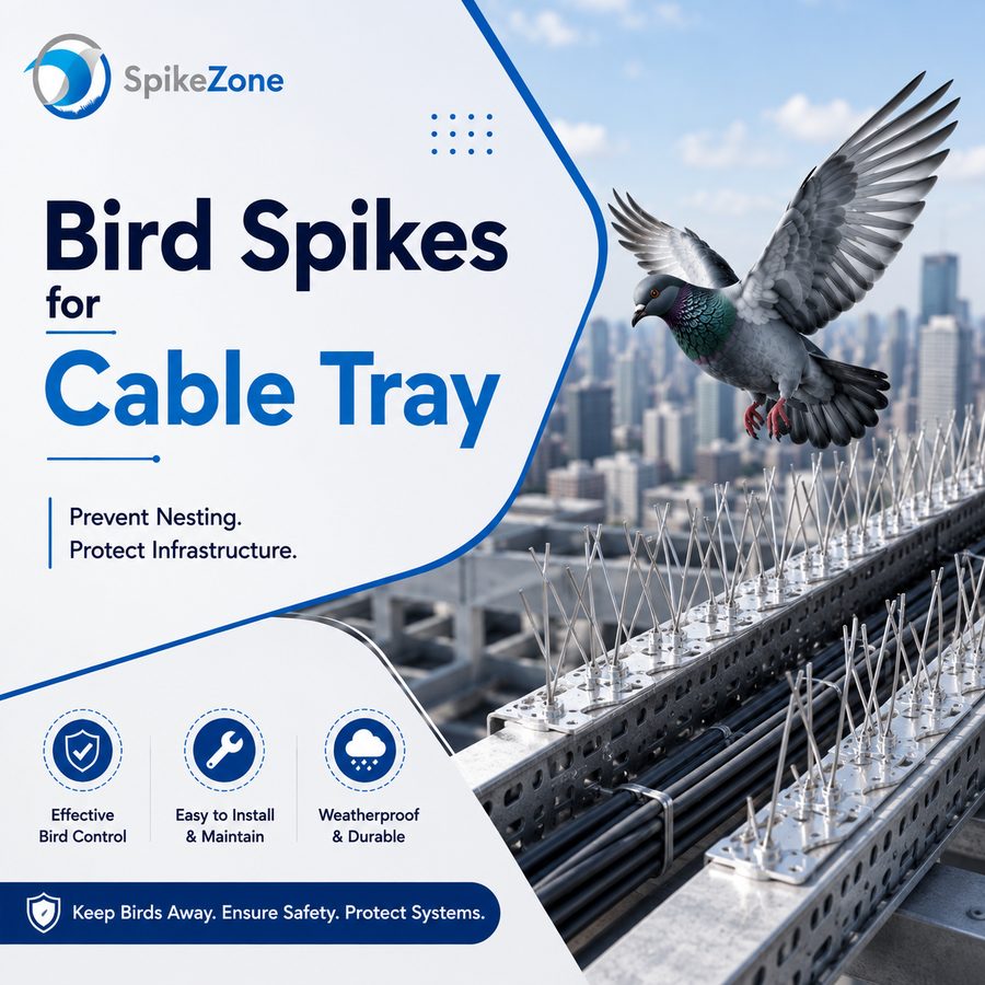 Bird spikes fitted along the edge of a cable tray