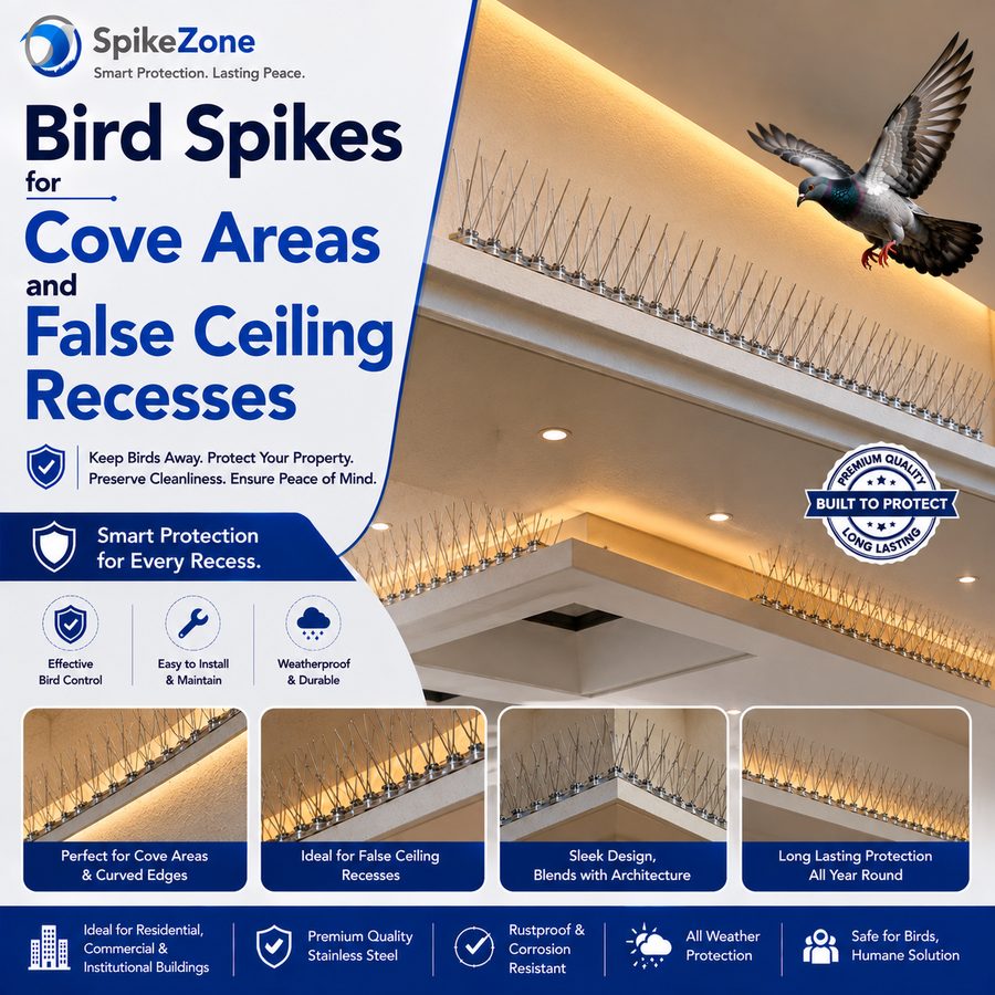 Bird spikes fitted inside a cove area and false ceiling recess
