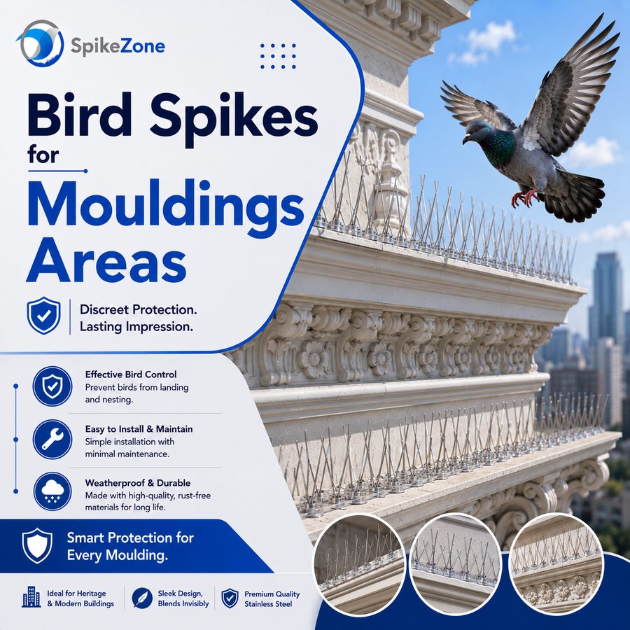Bird spikes fitted to decorative wall mouldings
