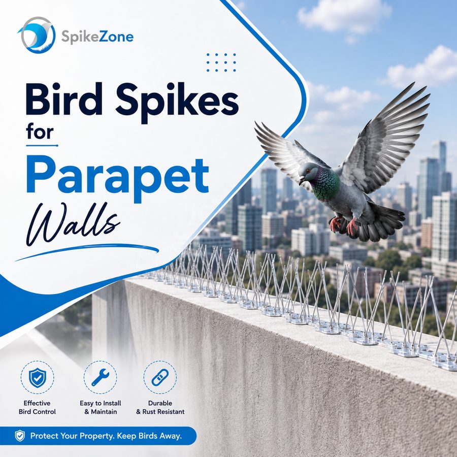 Bird spikes fitted along the top of a parapet wall