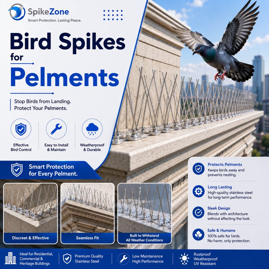 Bird spikes fitted along a window pelmet