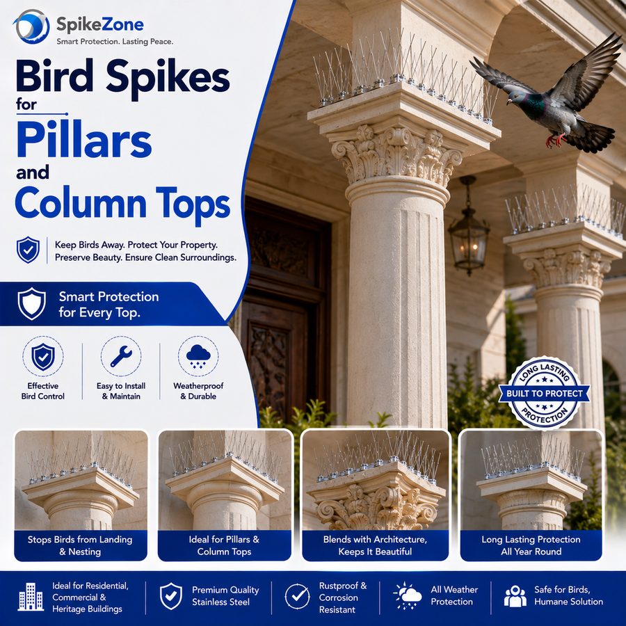 Bird spikes fitted to the top of a pillar and column