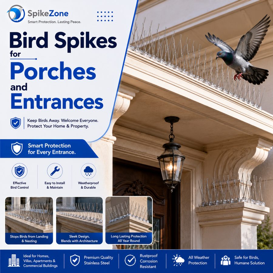 Bird spikes fitted above a porch and entrance