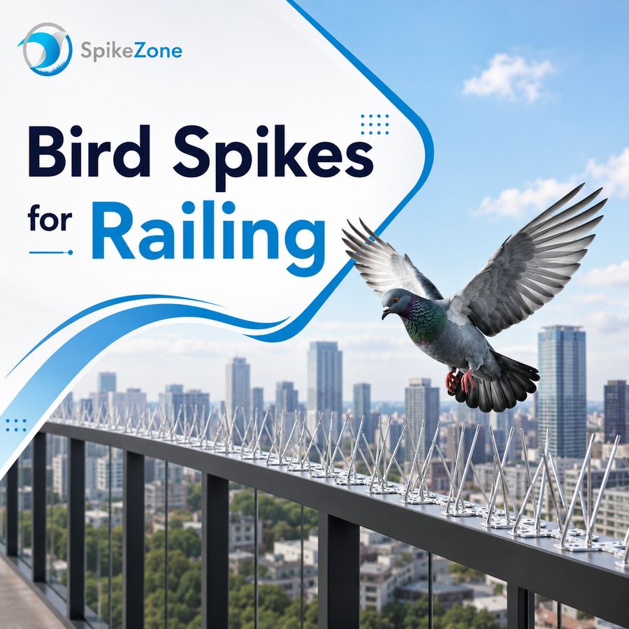 Bird spikes fitted along a metal railing