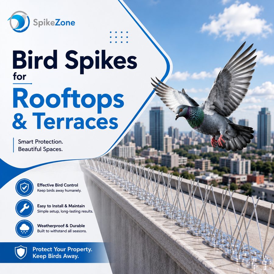 Bird spikes fitted across a rooftop terrace edge