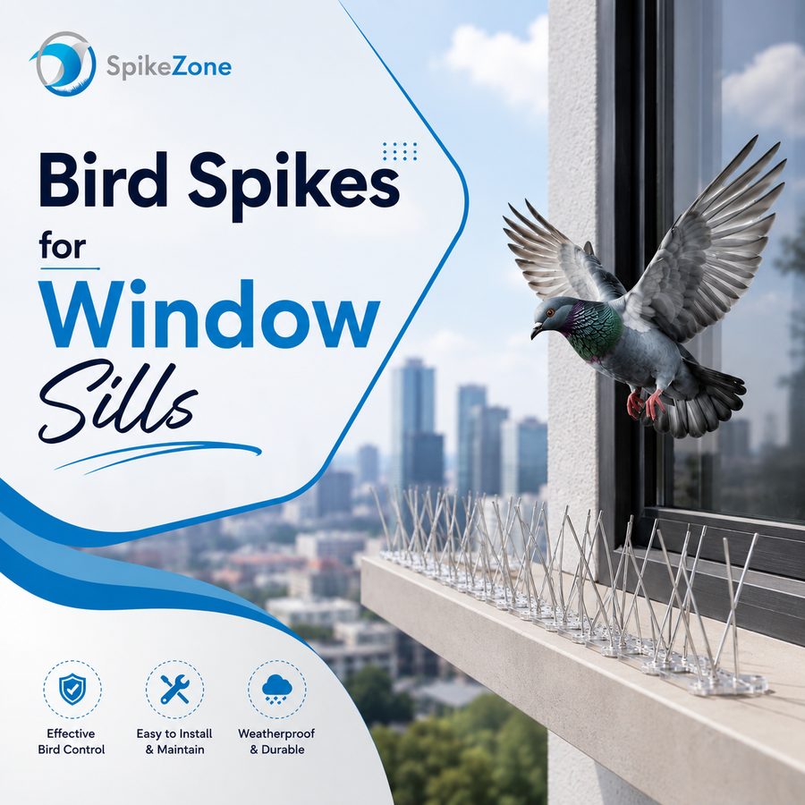 Bird spikes fitted along a window sill